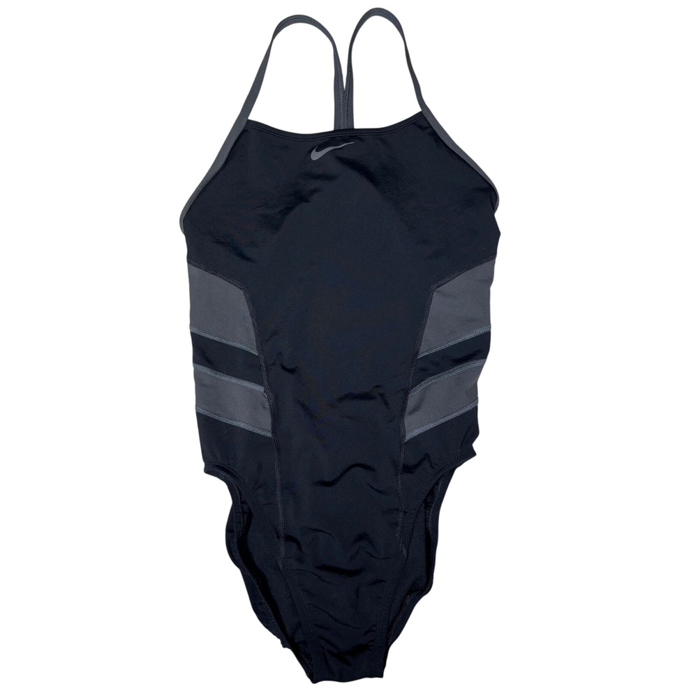 Nike Sporty Activewear One Piece Swimsuit Womens 12 Black Grey Training Swim